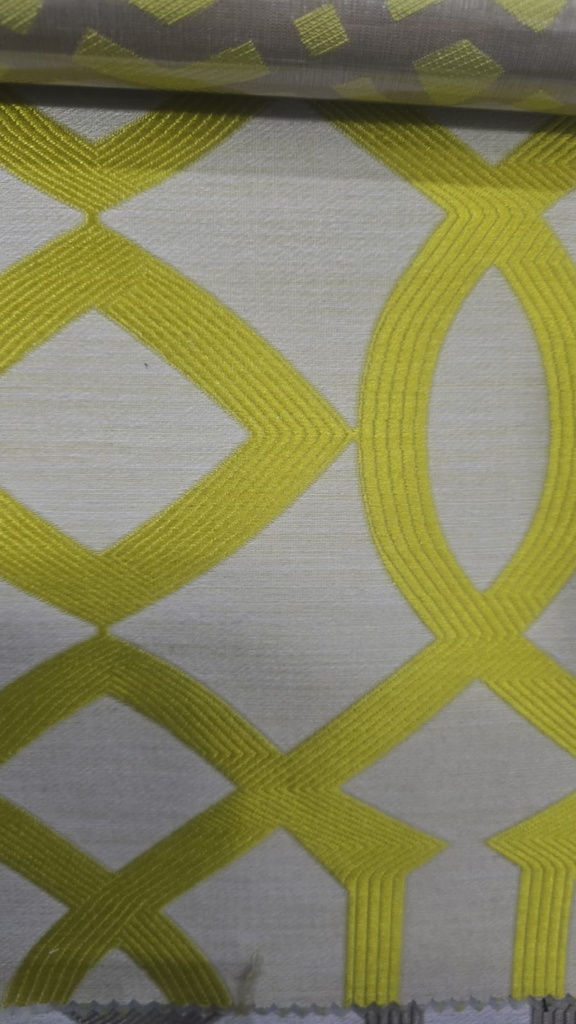 River Fabric Dimitri Chartreuse Embroidered Geometric 100% Polyester Curtain Fabric – 280 cm Wide, 165 GSM